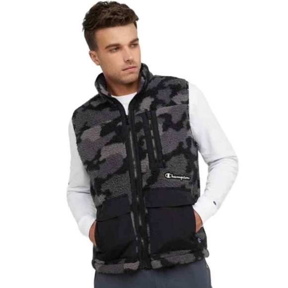 NEW Champion Camoflauge Cozy High Pile Vest, Script Logo sze S Black/Grey Unisex - Picture 1 of 16